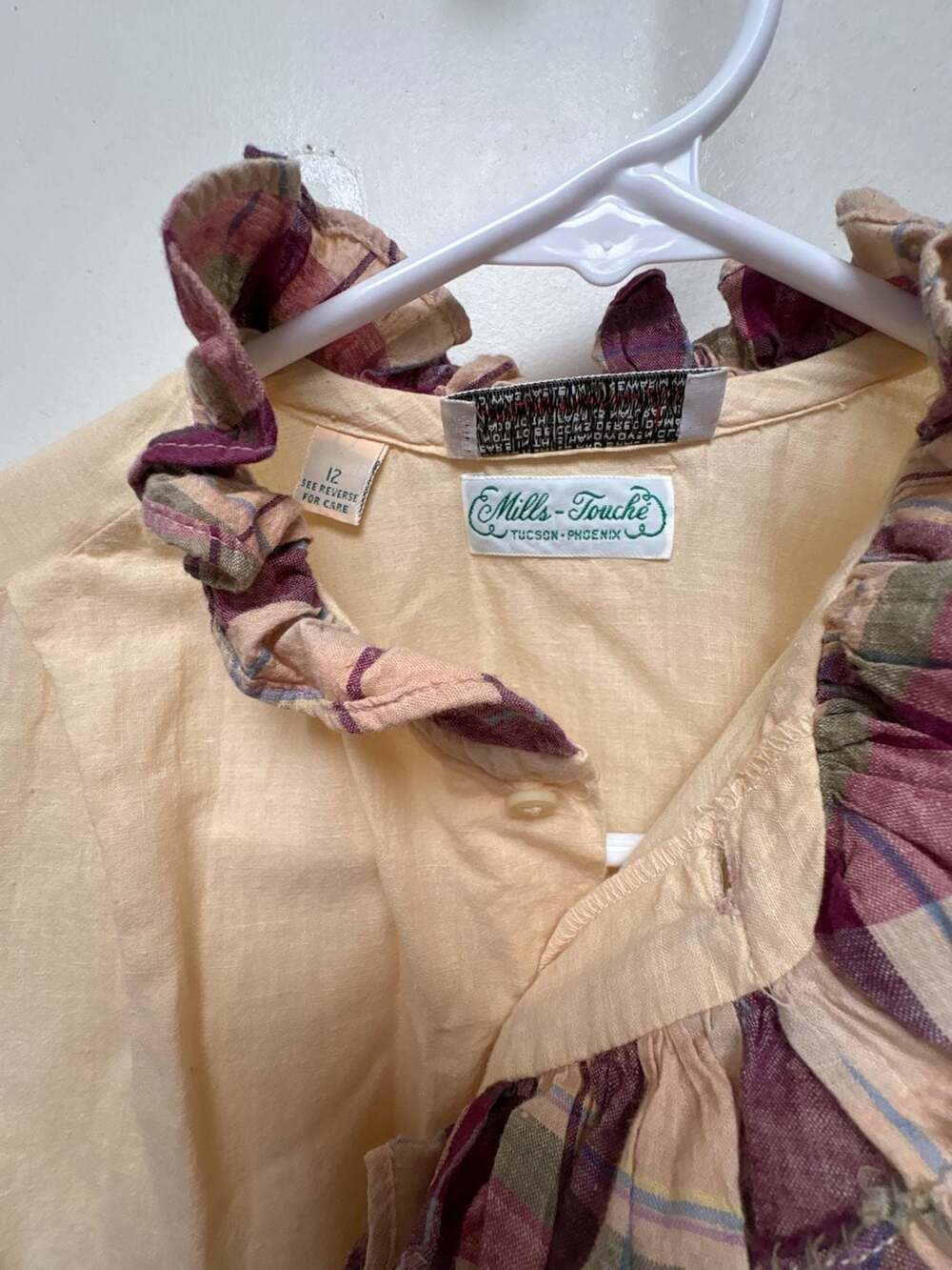 Mills-Touche Vintage Yellow Ruffled Plaid Collar Short Sleeve 100% Cotton 12